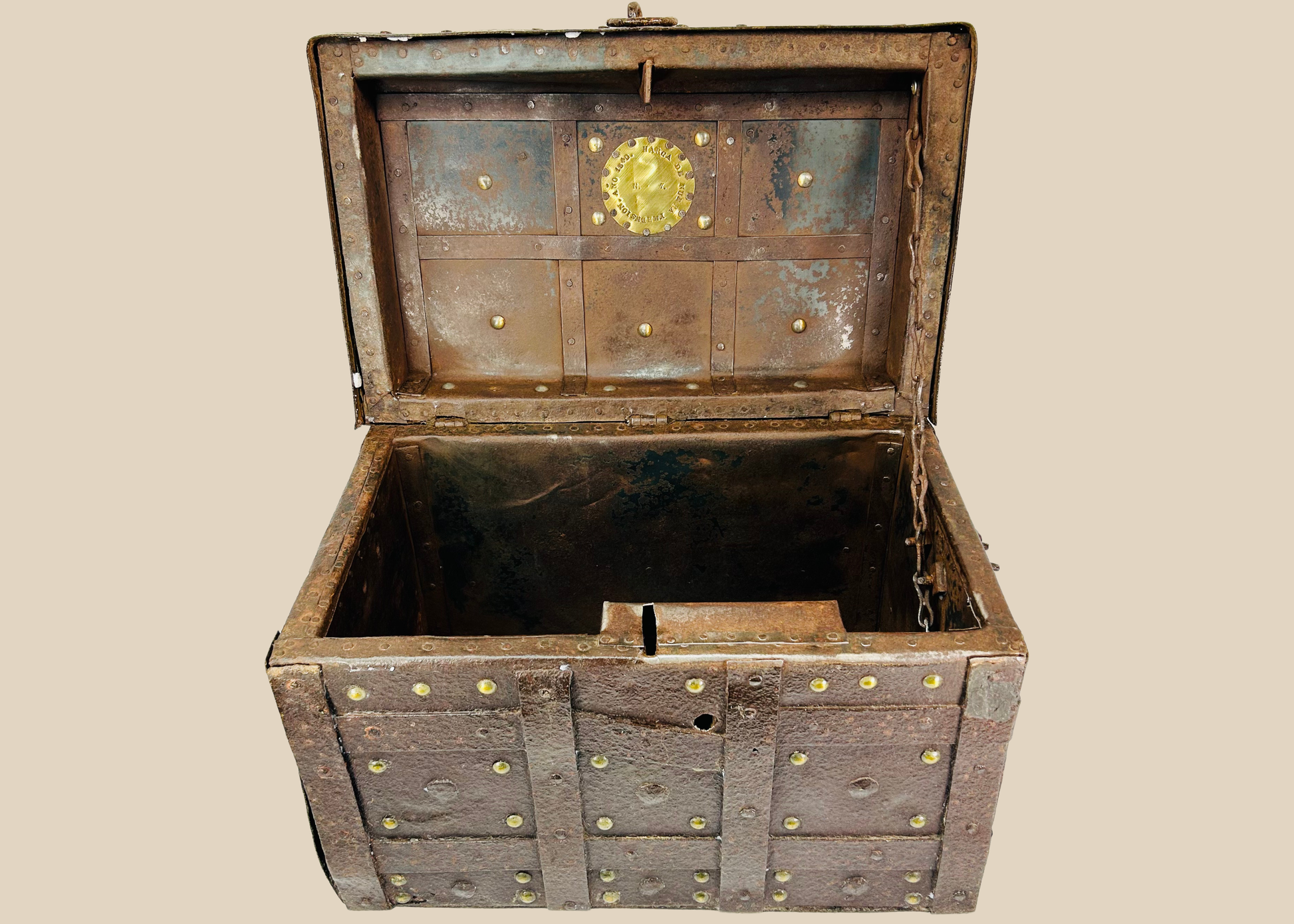 19th-century Iberian wrought-iron strongbox with brass studs and interior dated plaque, heavy patina and historic wear