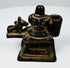 Antique brass Shiva Lingam and Nandi shrine from India with molded pedestal and dark aged surface.