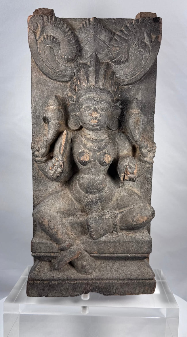 Indian Gajalakshmi architectural carving with elephants and custom display stand