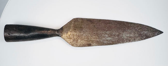 Historic forged iron spearhead with symmetrical leaf-shaped blade and aged patina