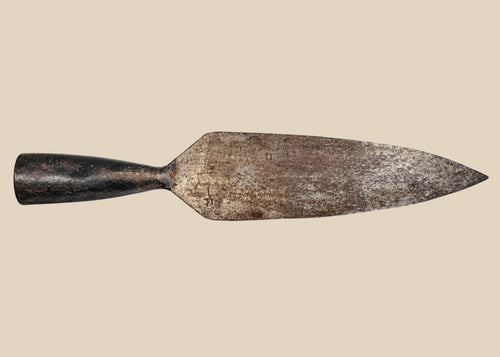 18th-century Indo-Persian forged iron spearhead with broad leaf-shaped blade, tapered socket, and aged patina.