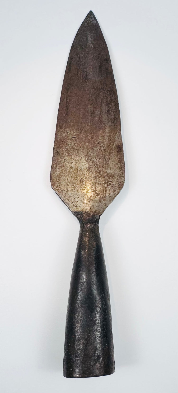 18th-century Indo-Persian forged iron spearhead with broad leaf-shaped blade and tapered socket
