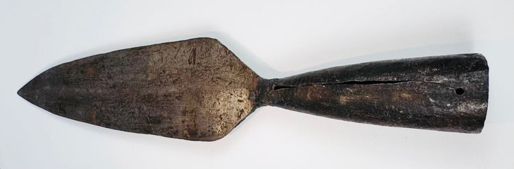 Close view of forged iron Indo-Persian spearhead with tapered socket for wooden shaft