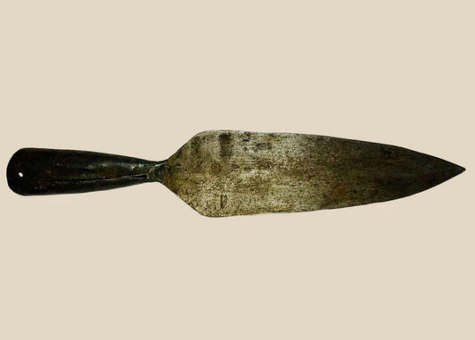 18th-century Indo-Persian forged iron spearhead with broad leaf-shaped blade, tapered socket, and aged patina.