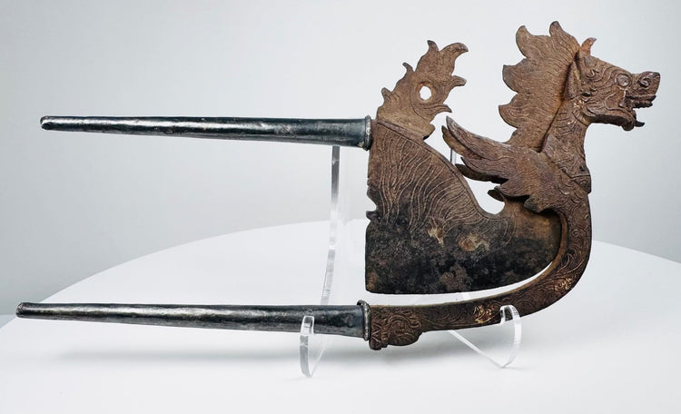 19th-century Indonesian betel nut cutter with sculpted zoomorphic head and incised iron decoration