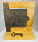 Hand-forged iron rim lock with matching key and aged surface patina
