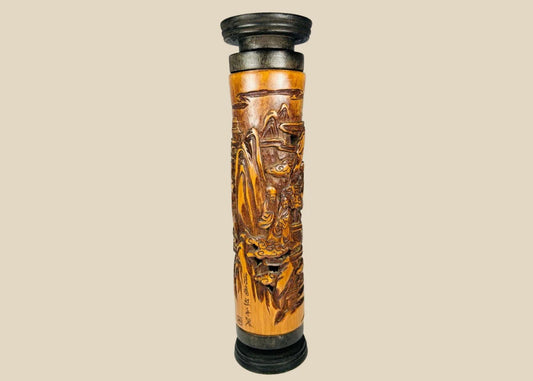Late 19th-century Chinese boxwood incense holder, intricately hand-carved with detailed landscape and figure scenes, cylindrical form with dark-stained end caps; showcases fine Qing-era craftsmanship in wood carving for ritual and domestic use.