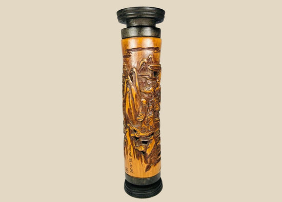 Late 19th-century Chinese boxwood incense holder, intricately hand-carved with detailed landscape and figure scenes, cylindrical form with dark-stained end caps; showcases fine Qing-era craftsmanship in wood carving for ritual and domestic use.