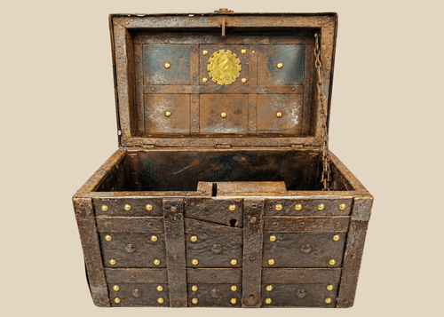 19th-century Iberian wrought-iron strongbox with brass studs and interior dated plaque, heavy patina and historic wear