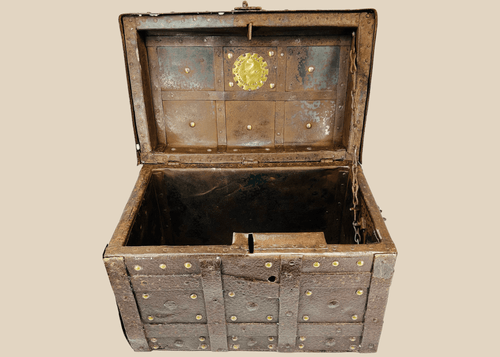 19th-century Iberian wrought-iron strongbox with brass studs and interior dated plaque, heavy patina and historic wear