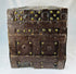 Renaissance-style iron strongbox with brass inscription plaque, raised front compartment, and historic European craftsmanship