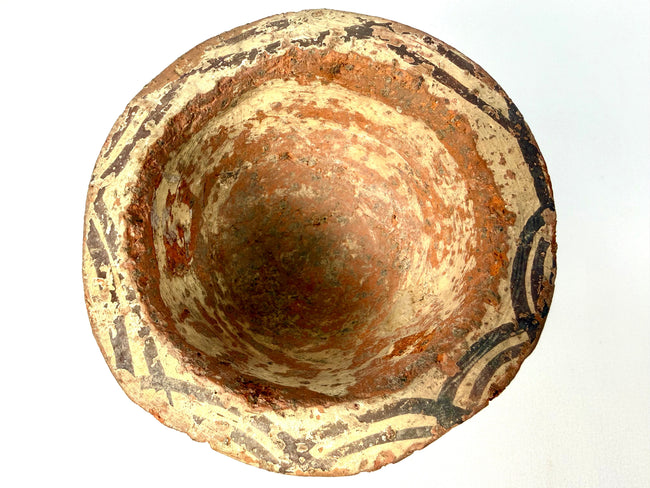 Medieval Afghanistan terracotta mortar displaying projecting side grips, a thick decorated rim, and warm earthy coloration.