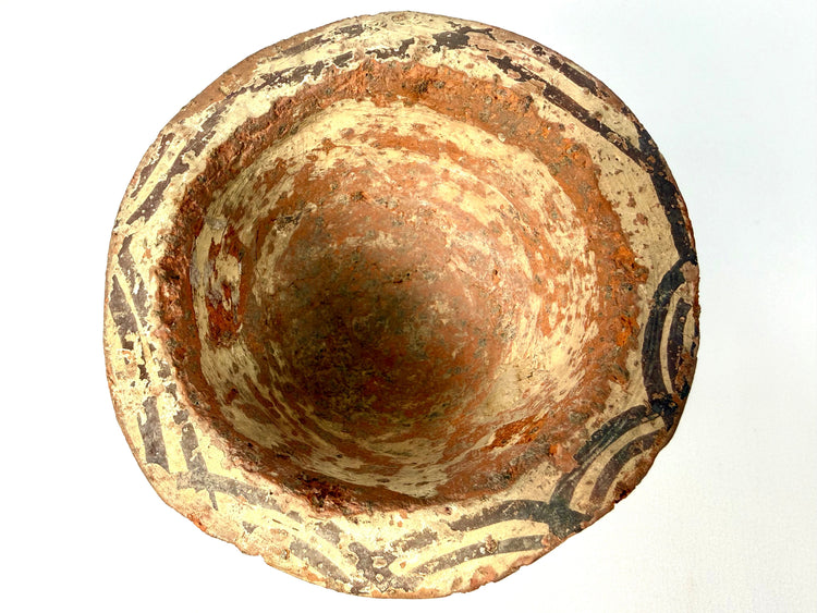 Medieval Afghanistan terracotta mortar displaying projecting side grips, a thick decorated rim, and warm earthy coloration.