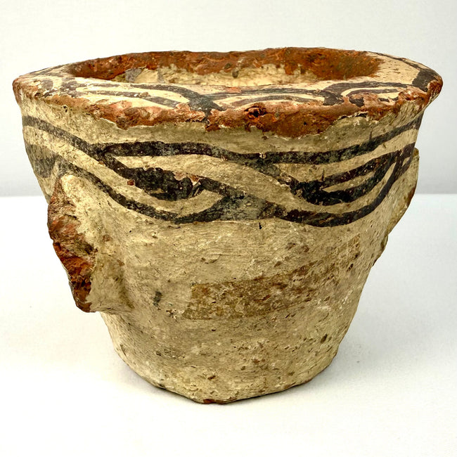 Ancient terracotta mortar with side lug and painted stripes
