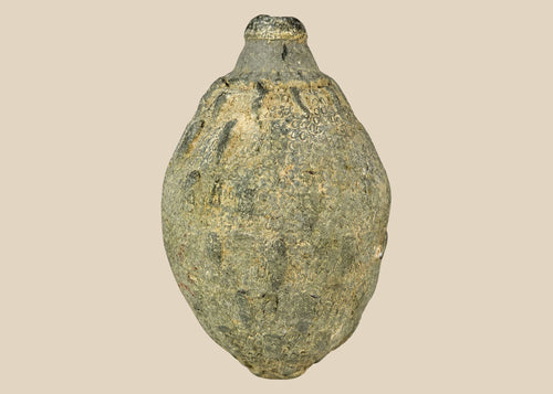 Medieval Islamic ceramic hand grenade from Greater Persia, 10th–12th century CE, bulbous body with narrow neck and textured surface, used for incendiary purposes