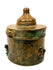 Medieval Islamic bronze writing vessel with a conical domed lid, small perforations along the upper band, and aged brown and green patination.