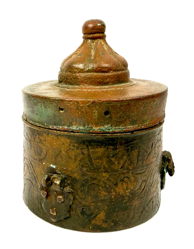 Antique Persian Khorassan bronze inkwell with a substantial cylindrical construction and naturally weathered olive, brown, and green surfaces.