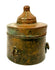 Antique Persian Khorassan bronze inkwell with a substantial cylindrical construction and naturally weathered olive, brown, and green surfaces.
