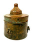 Antique Persian Khorassan bronze inkwell with a substantial cylindrical construction and naturally weathered olive, brown, and green surfaces.