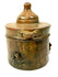 Antique Khorassan bronze inkwell featuring a broad circular lid with raised horizontal mouldings and a prominent rounded finial.
