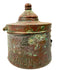 Antique Islamic bronze inkwell with a cylindrical body, domed lid, and central handle decorated with traditional Khorassan metalwork.