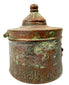 Antique Islamic bronze inkwell with a cylindrical body, domed lid, and central handle decorated with traditional Khorassan metalwork.