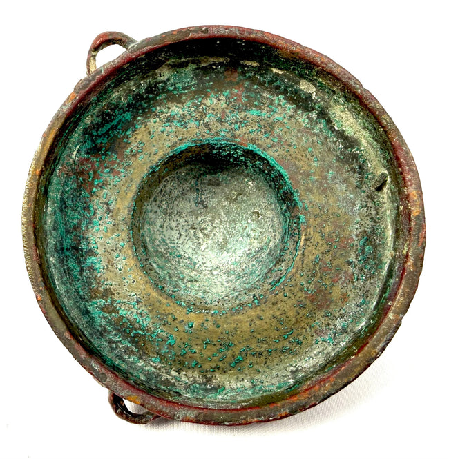 Islamic Khorassan bronze inkwell measuring approximately 3 inches tall and 2.5 inches wide, with engraved decoration and a distinctive domed lid.