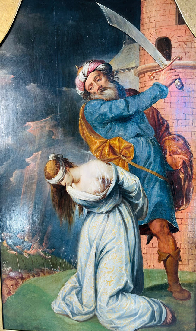 Italian Old Master painting of St. Catherine with executioner and architectural background
