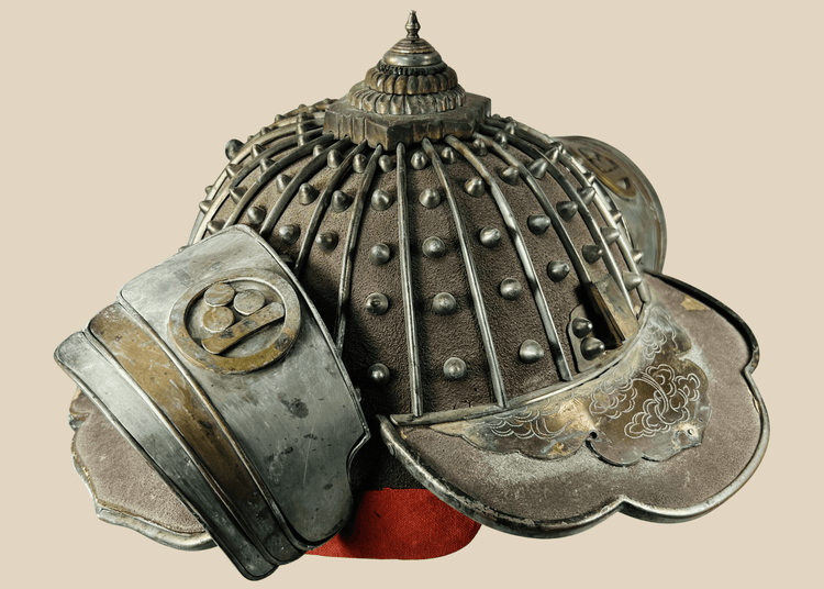 Japanese Kaji Kabuto firefighting helmet with iron ribs and ornate finial