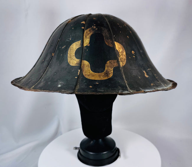 Edo period samurai travel helmet with black lacquer finish and broad flared brim