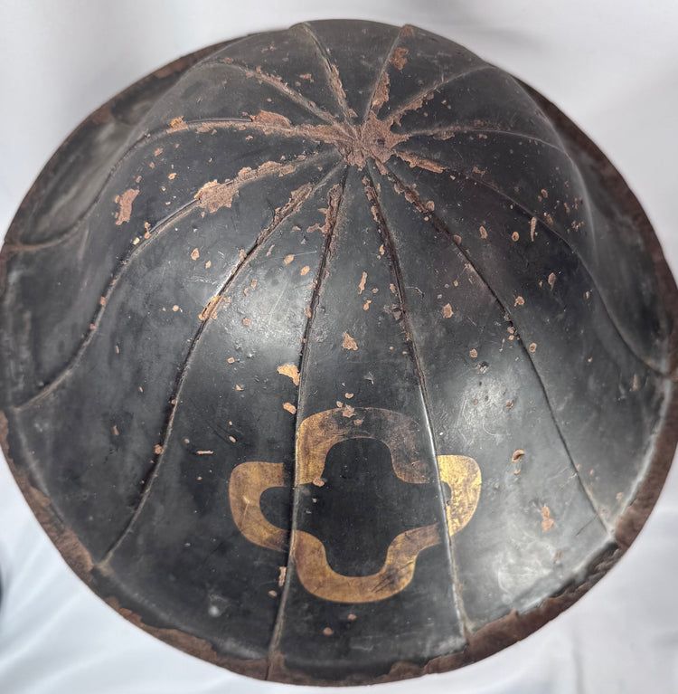 Antique Japanese samurai jingasa hat with gilt mon emblem and red lacquer interior