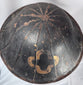 Antique Japanese samurai jingasa hat with gilt mon emblem and red lacquer interior