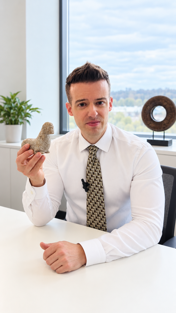 Jordan Thomas, Head Curator of Relic & Rarity, holding a small historical stone artifact in the gallery office.