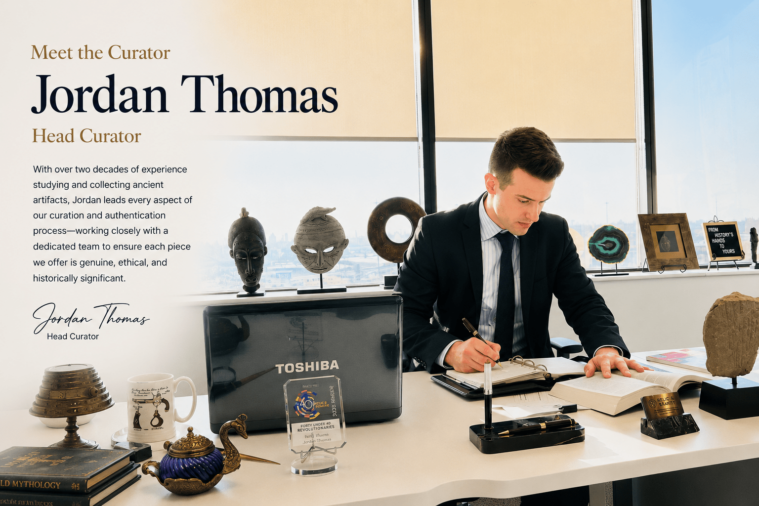 Jordan Thomas, Head Curator of Relic & Rarity, seated at his desk reviewing research materials and documenting artifacts in a bright professional office. Surrounded by historical objects, reference books, and curated antiquities, the image highlights over two decades of experience in artifact authentication, provenance research, and collection management. A feature panel introduces the curator and Relic & Rarity's commitment to ethical collecting, historical preservation, and authenticity.