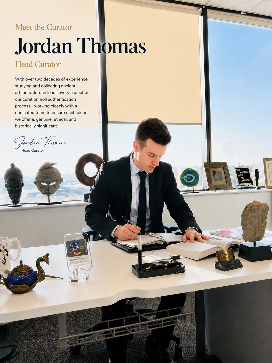Jordan Thomas, Head Curator of Relic & Rarity, seated at his desk reviewing research materials and documenting artifacts in a bright professional office. Surrounded by historical objects, reference books, and curated antiquities, the image highlights over two decades of experience in artifact authentication, provenance research, and collection management. A feature panel introduces the curator and Relic & Rarity's commitment to ethical collecting, historical preservation, and authenticity.