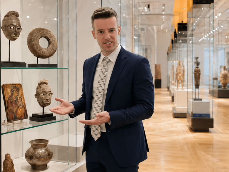 Jordan Thomas standing in a museum-style gallery, gesturing toward a display case of historical artifacts and cultural objects.