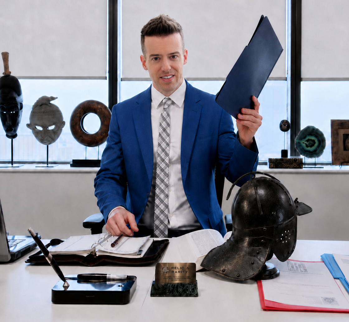 Jordan Thomas, Founder and Head Curator of Relic & Rarity, presenting collection documentation beside an antique helmet in the company office.