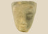 Khmer sandstone head fragment from the Angkor Period, 12th century Cambodia, depicting a serene deity or Buddha with downcast eyes and soft expression, mounted on a wooden display base, photographed on a white background.
