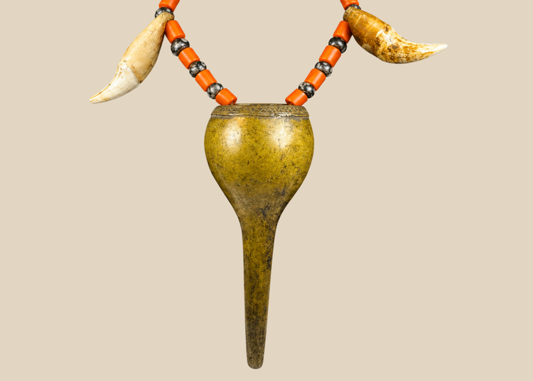 Antique Konyak Naga warrior prestige necklace with brass pendant, glass trade beads and animal teeth