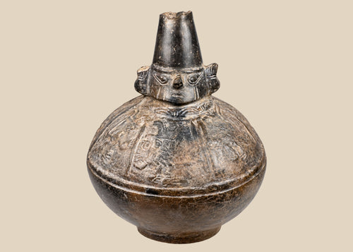 Small Sicán blackware ceramic bottle from Lambayeque Valley, Peru, 5.5 x 6 inches, burnished surface with elegant form, ritual and ceremonial artifact from 750–1375 A.D.