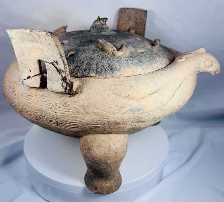 Authentic Eastern Zhou to Han Dynasty ceramic ritual vessel with restored archaeological condition and impressive sculptural design.