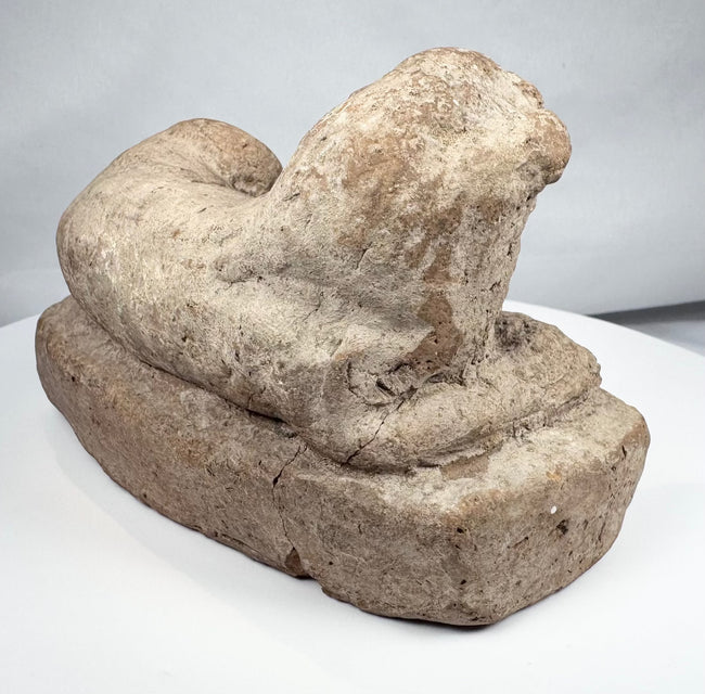 Terracotta reclining lion from ancient Egypt reflecting Egyptian and Hellenistic artistic fusion
