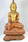 Large antique Burmese wooden monk statue with original lacquer and gilt, 19th century
