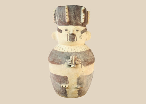 Chancay ceramic effigy urn from Central Coastal Peru, 1000–1400 CE, pre-Columbian pottery with hand-sculpted human figure, detailed headdress, and geometric painted decoration. Ideal example of Chancay funerary and ceremonial art, showcasing ancient Peruvian craftsmanship and cultural symbolism.