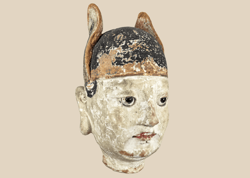 Chinese painted terracotta bust of a court official with traditional ceremonial hat.