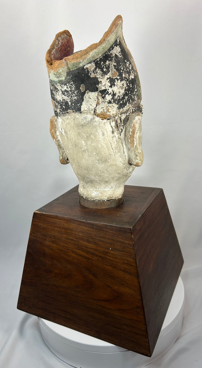 Late Qing Chinese temple sculpture of a court official with painted terracotta surface.