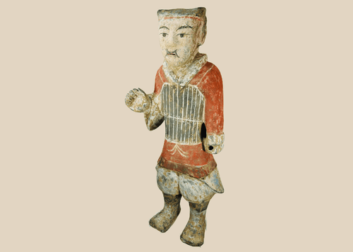 Han Dynasty terracotta soldier figure with original painted details and burial patina