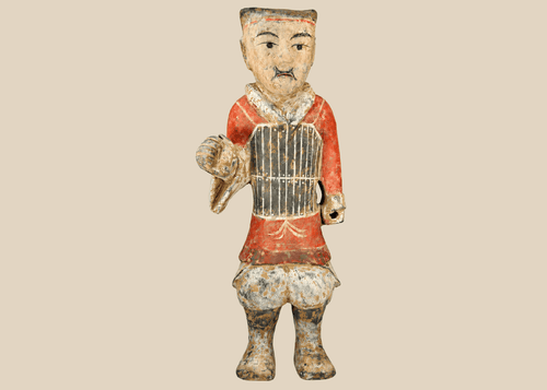 Han Dynasty terracotta soldier figure with original painted details and burial patina