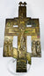 Cast bronze Russian Orthodox cross icon with multiple saintly figures and centuries-old patina.