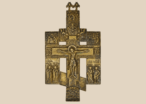 Large Imperial Russian Orthodox bronze devotional cross featuring the Crucifixion of Christ and Church Slavonic inscriptions.